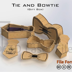 Puede incluir: Cajas de regalo de madera con forma de corbata y pajarita. Una caja rectangular contiene una botella. Otra caja con forma de corbata lleva el texto "DAD You're the KING". La imagen también muestra iconos de formato de archivo.