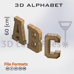 May include: Three-dimensional wooden letters A, B, and C, each approximately 24 inches tall, are displayed against a light background. The letters are constructed from interlocking pieces, with visible seams. The image includes the text "3D ALPHABET" and "File Formats".