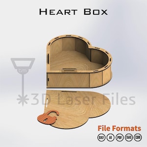 Puede incluir: Una caja de madera en forma de corazón con tapa a juego y una pequeña cerradura de madera. El texto "HEART BOX" está en la parte superior. La imagen también incluye el texto "3D Laser Files" e iconos de formato de archivo.