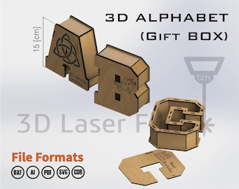 3D Alphabet 15 [cm] - GIFT BOX - for laser cut - cnc files vector - Digital files