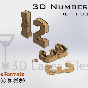 以下が含まれることがあります： ギフトボックスデザインの木製3D数字1、2、3。数字は明るい茶色で、積層構造になっています。画像には「3D NUMBERS（GIFT BOX）」と「3D Laser Files」の文字も含まれています。