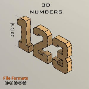 Puede incluir: Tres números de madera 3D: 1, 2 y 3, cada uno de aproximadamente 30 cm de altura. Los números son de color marrón claro con bordes marrón oscuro. El texto "3D NUMBERS" y "File Formats" también está presente.