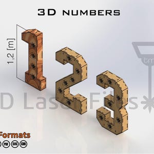 Puede incluir: Números 3D cortados con láser, 1, 2 y 3, en un diseño geométrico. El número 1 es de madera, mientras que los números 2 y 3 son de cartón. La imagen incluye el texto "3D NUMBERS" y "File Formats". El número 1 mide 1,2 metros de alto.