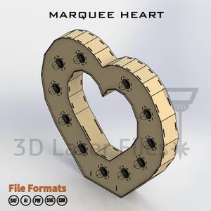 May include: A light brown, heart-shaped marquee sign with the text "MARQUEE HEART". The sign has a series of small lights around the perimeter. The image also displays file format icons: DXF, AI, PDF, SVG, and CDR.