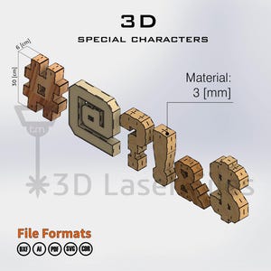 Puede incluir: Caracteres especiales de madera 3D, incluyendo una almohadilla, arroba, signo de interrogación, signo de exclamación, ampersand y signo de dólar. La almohadilla mide 30 cm de alto y 6 cm de ancho. El material tiene 3 mm de grosor.