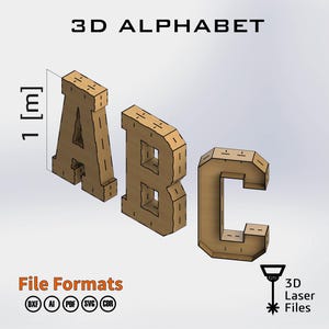 Puede incluir: Letras del alfabeto 3D A, B y C en color marrón claro. Las letras están diseñadas con una construcción geométrica en capas. La imagen incluye el texto "3D ALPHABET" y "File Formats" con iconos de tipo de archivo. La altura de la letra A es de 1 metro.