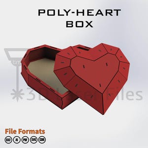 Puede incluir: Una caja roja en forma de corazón con un diseño geométrico, la tapa parcialmente abierta. El texto "POLY-HEART BOX" está encima de la caja. Debajo, el texto "File Formats" se muestra con varios iconos de tipo de archivo.