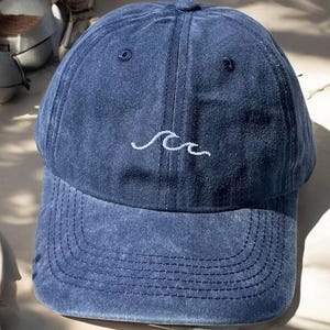 Embroidered Beach Wave Hat, Navy Blue Baseball Cap, Ocean Vibe Summer Hat, Unisex Low Profile Dad Hat, Coastal Surf Aesthetic Cap