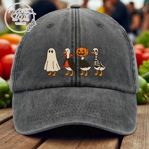 Halloween Goose Embroidered Hat, Spooky Goose Baseball Cap, Funny Goose Washed Dad Hat, Pumpkin Ghost Vampire Skeleton Goose Cap