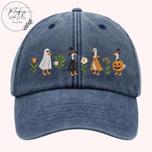 Halloween Goose Embroidery Washed Cap, Baseball Cap Dad Hat, Spooky Witch Pumpkin Goose Embroidered Hat, Cute Ghost Goose Cap