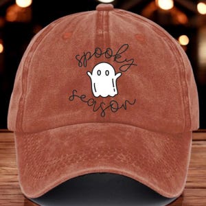 Spooky Season Ghost Hat, Halloween Embroidered Cap, Washed Baseball Cap, Regular Brim Hat, Cute Ghost Hat, Fall Season Gift for Her