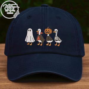 Halloween Goose Embroidery Washed Cap, Baseball Cap Dad Hat, Spooky Goose Embroidered Hat, Cute Pumpkin Ghost Goose Cap