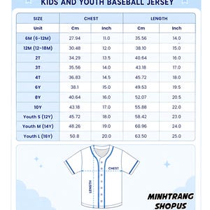 The image is a printed size chart for kids and youth baseball jerseys, providing measurements for different age groups.