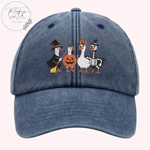 Halloween Goose Embroidery Washed Cap, Spooky Goose Baseball Cap, Pumpkin Skeleton Witch Goose Hat, Embroidered Dad Hat