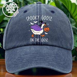 Spooky Goose Embroidered Hat, Halloween Goose Baseball Cap, Funny Washed Dad Hat, Custom Goose Embroidery Hat, Witch Goose Pumpkin Cap