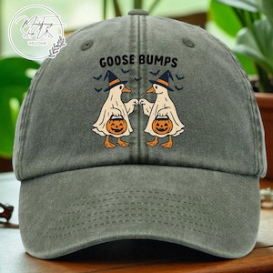 Goose Bumps Embroidered Hat, Halloween Goose Baseball Cap, Funny Goose Washed Dad Hat, Spooky Goose Embroidery Hat, Custom Fall Cap