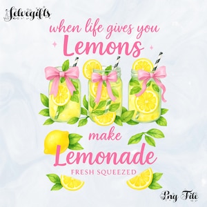 Könnte beinhalten: Aquarell-Illustration mit drei Einmachgläsern gefüllt mit Limonade, verziert mit rosa Schleifen und Zitronenscheiben. Der Text lautet: "Wenn das Leben dir Zitronen gibt, mach Limonade, frisch gepresst".