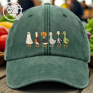 Halloween Goose Embroidered Hat, Spooky Goose Baseball Cap, Funny Goose Washed Dad Hat, Ghost Pumpkin Mummy Skeleton Zombie Goose Cap