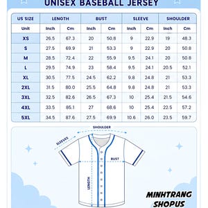 The image is a printed size chart for a unisex baseball jersey, providing the measurements for different US sizes.