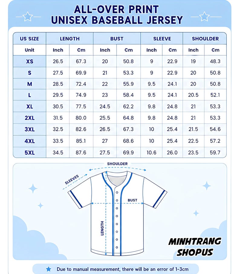 The image is a printed size chart for a unisex baseball jersey, providing the measurements for different US sizes.
