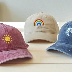 Embroidered Washed Baseball Cap – Sun, Rainbow, or Wave Hat – Aesthetic Vintage Dad Hat – Summer Vibe Cotton Cap for Men and Women