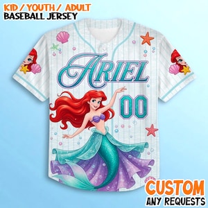 A white baseball jersey with a design featuring the character Ariel from the Disney movie "The Little Mermaid".