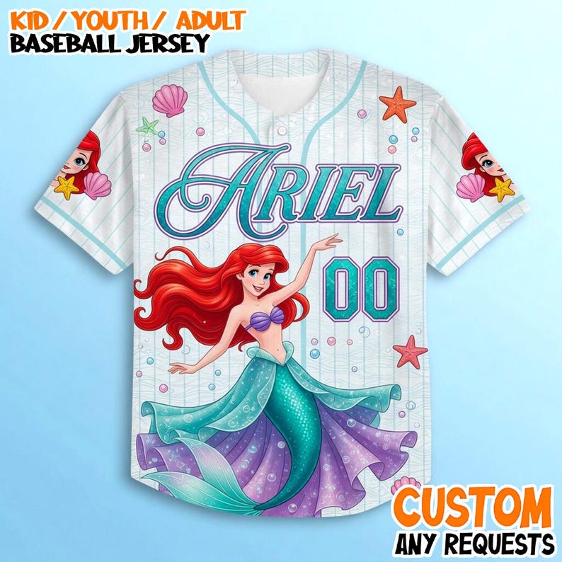 A white baseball jersey with a design featuring the character Ariel from the Disney movie "The Little Mermaid".