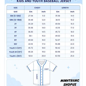 The image is a printed size chart for kids and youth baseball jerseys, providing measurements for different age groups.