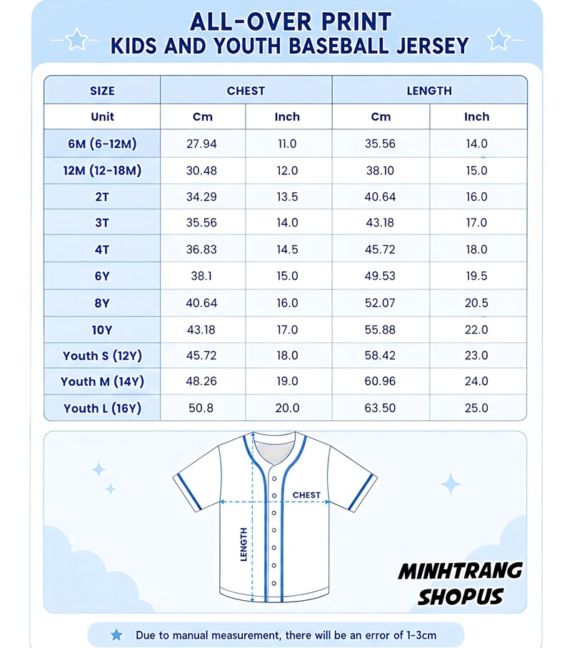 The image is a printed size chart for kids and youth baseball jerseys, providing measurements for different age groups.