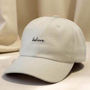 Believe Embroidered Hat, Minimalist Pink Baseball Cap, Motivational Dad Hat Gift for Her, Custom Positive Quote Hat, Inspirational Cap