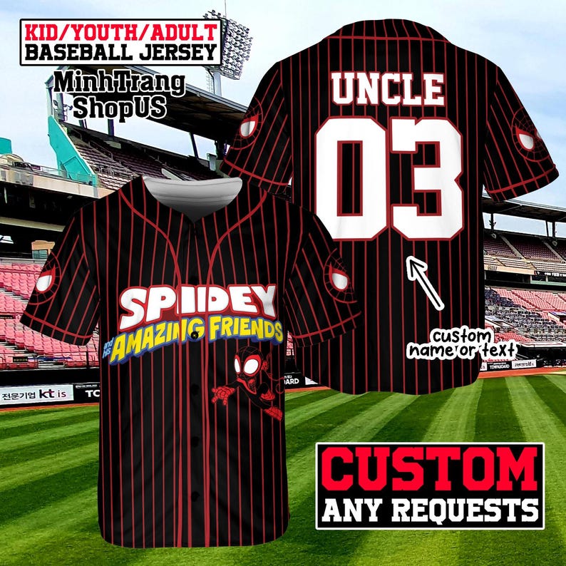 A custom baseball jersey with the name "Uncle" and the number "03" printed on it. The jersey has a spiderman design and the text "SPIDERY AMAZING FRIENDS" printed on it. The jersey is displayed against a backdrop of a baseball field and stadium seating.