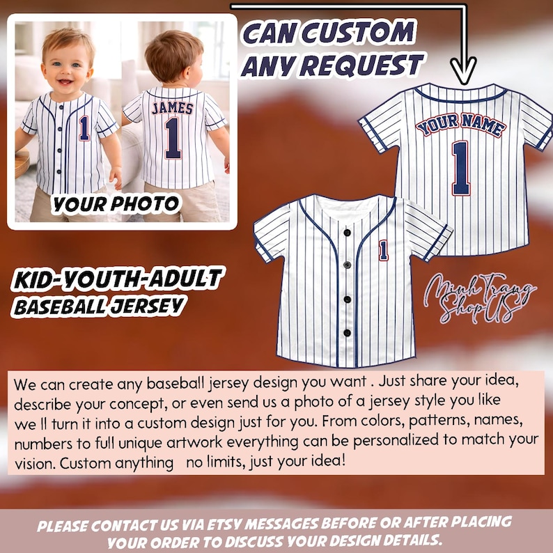The image is a collage of three photos featuring a young boy wearing a baseball jersey. The first photo shows the boy in the baseball jersey, the second photo shows the same boy in a different baseball jersey, and the third photo shows the same boy in a different baseball jersey. The collage is titled "KID-YOUT-ADULT BASEBALL JERSEY" and includes text that encourages customizing the design of the baseball jerseys.