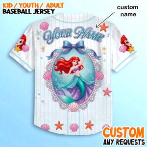 A white baseball jersey with a mermaid design and the text "Your Name" printed on it.