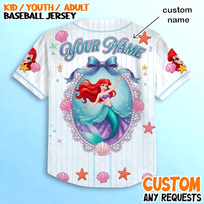 A white baseball jersey with a mermaid design and the text "Your Name" printed on it.