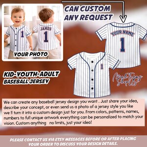 The image is a collage of three photos featuring a young boy wearing a baseball jersey. The first photo shows the boy in the baseball jersey, the second photo shows the same boy in a different baseball jersey, and the third photo shows the same boy in a different baseball jersey. The collage is titled "KID-YOUT-ADULT BASEBALL JERSEY" and includes text that encourages customizing the design of the baseball jerseys.