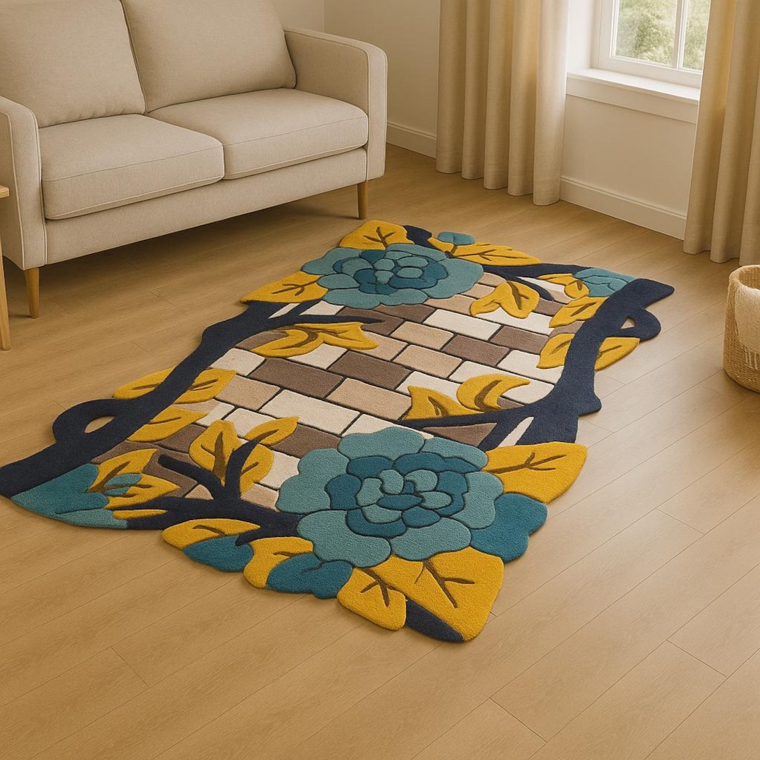 Hand Tufted Floral Rug – Modern Botanical Design, Blue & Yellow - Etsy