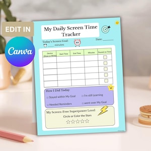 Könnte beinhalten: Ein hellblauer Bildschirm-Tracker mit dem Text "My Daily Screen Time Tracker". Er enthält Abschnitte zur Verfolgung der Gerätenutzung, der Start- und Endzeiten sowie der Bildschirmzeitziele. Der Tracker hat auch einen Abschnitt, um zu verfolgen, wie der Benutzer abgeschnitten hat.
