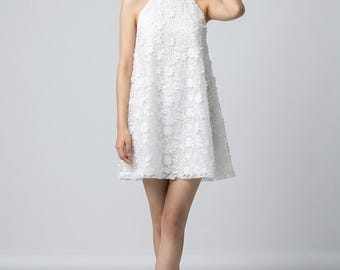 White Lace Wedding After Party Dress: Floral Embroidered A-Line