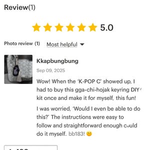 May include: A customer review with a 5-star rating. The review includes text about a DIY keyring kit, mentioning easy-to-follow instructions. The review is dated September 9, 2025, and has 100 helpful votes.