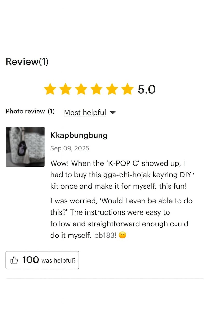 May include: A customer review with a 5-star rating. The review includes text about a DIY keyring kit, mentioning easy-to-follow instructions. The review is dated September 9, 2025, and has 100 helpful votes.