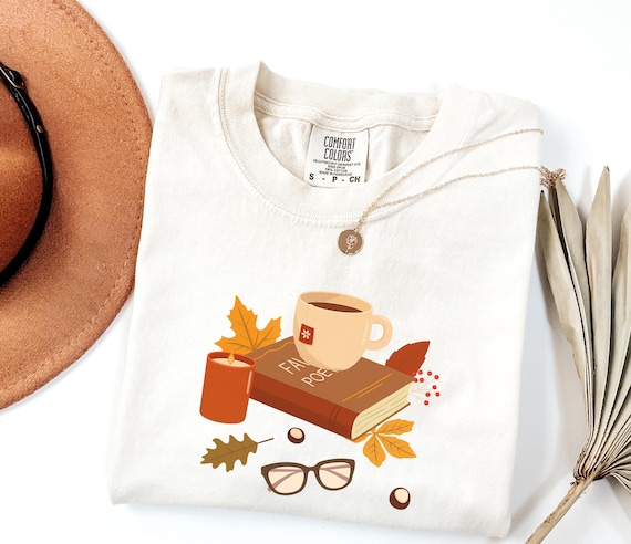 Comfort Colors® Fall Season Shirt, Coffee Lover Gift, Book Lover Shirt, Fall Coffee T-shirt Fall Leaves Shirt, Pumpkin Spice Latte Tee