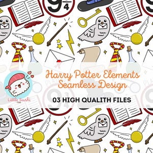 May include: Seamless pattern featuring Harry Potter elements. Includes Platform 9 3/4 sign, glasses, a wizard hat, owl with a letter, golden snitch, wand, and other magical items. The text "Harry Potter Elements Seamless Design" is also present.