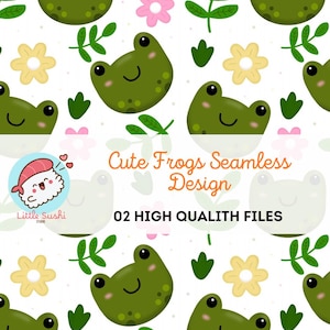 May include: A seamless pattern featuring cartoon green frogs, pink and yellow flowers, and green leaves on a white background. The text "Cute Frogs Seamless Design" and "02 HIGH QUALITH FILES" are also present.