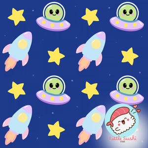 May include: A repeating pattern on a dark blue background featuring light green aliens in purple flying saucers, light blue rockets with orange flames, and yellow stars. A circular logo with a sushi character and the text Little Sushi Studio.