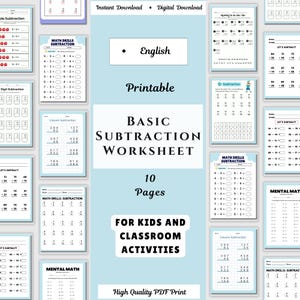 Printable Basic Subtraction Worksheets for Kids Fun & Educational Math Practice Sheets for Elementary Students, PDF Print, Instant Download