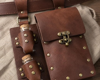 Steampunk Leather Belt Pouch, Medieval Utility Waist Bag, Renaissance Fair Potion Holder, LARP Cosplay Hip Bag, Festival Costume Accessory
