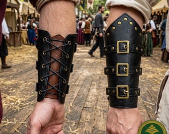 Black Leather Bracer, Embossed Arm Guard, Handmade Medieval LARP Cosplay, Fantasy Warrior Accessory, Celtic Norse Pattern Protective Gear