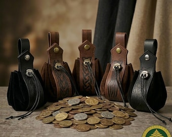 Medieval Leather Belt Coin Bag Handmade Renaissance Faire Accessory Fantasy LARP Item Pouch Embossed Drawstring Storage Holder Gift