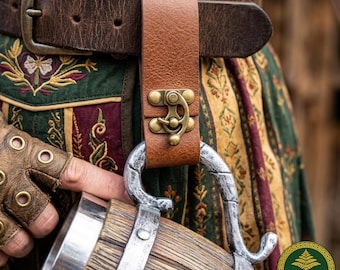 Handmade Leather Mug Strap Medieval Tankard Holder Renaissance Faire Accessory Fantasy LARP Belt Clip Rustic Band And Brass Clasp Gift