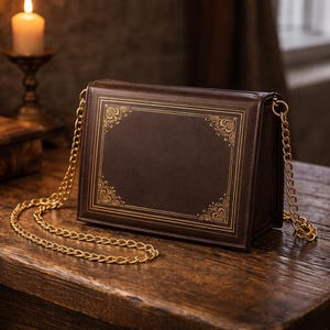 Può includere: Una borsa a tracolla marrone a forma di libro vintage. La borsa presenta dettagli decorativi color oro e una tracolla a catena dorata. La borsa è appoggiata su una superficie di legno.